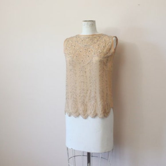 1920s 1910s Nude skin tone peach silk sheer beaded sleeveless blouse top XS S - Picture 2 of 10